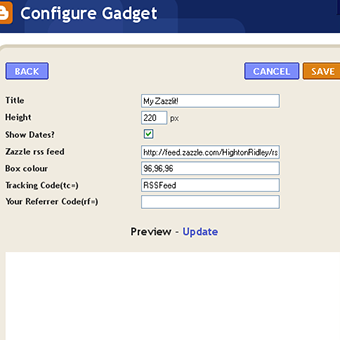 The Blogger Configure Gadget screen, showing the options and letting you edit them
