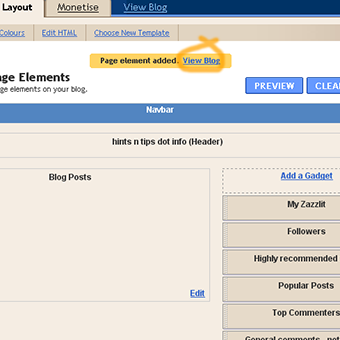 The Blogger Template Layout showing a link to view the changes just made on your blog.