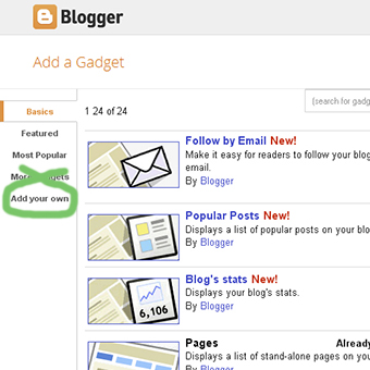 Blogger's Add a Gadget pop-up window