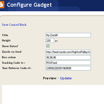 The Blogger Configure Gadget screen, showing the options and letting you edit them